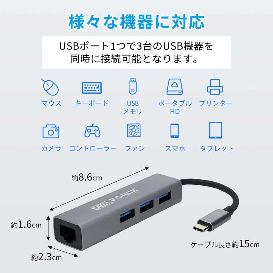 【２個目半額/最大600円OFF限定クーポン】Type-C LAN  RJ45 イーサネットギガビット アダプター3ポート USB3.0 5Gbps iphone15/16シリーズ対応 uc4014 送料無料 | MSL FORCE | 06