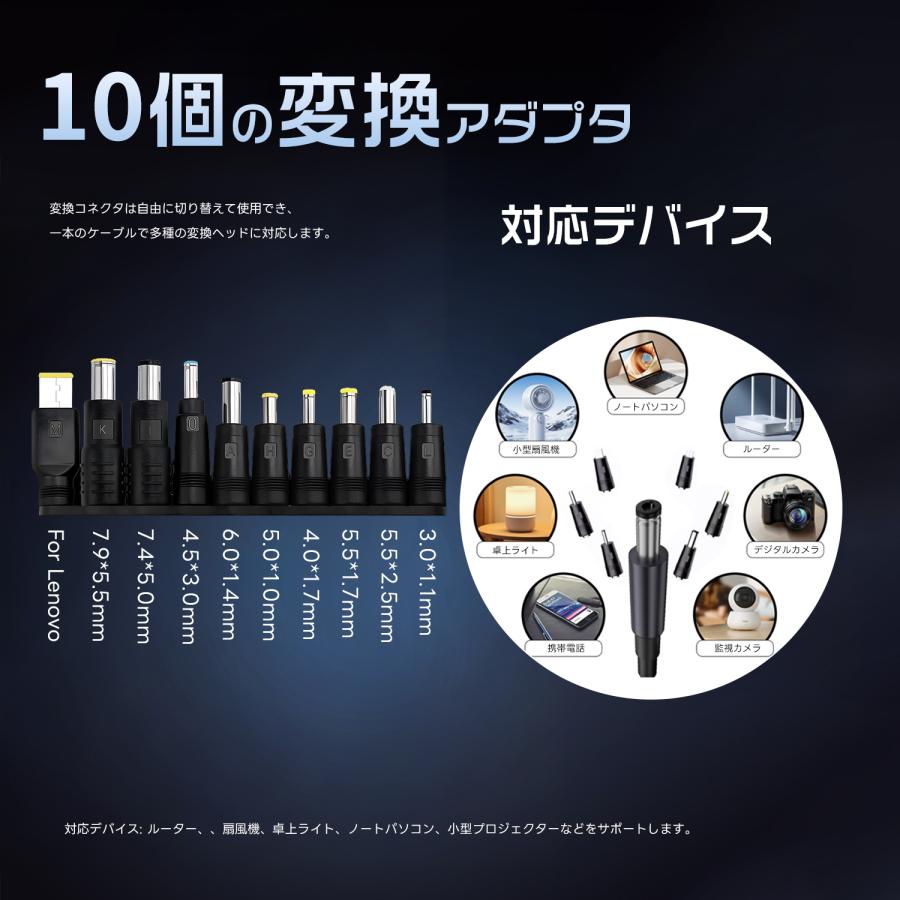 【最大600円引き】 PD 変換 DCケーブル 140W対応 電圧チェッカー デジタル表示 8個/10個変換アダプタセット 6段階電圧調整 高速充電 ノートPC 汎用電源ケーブル | MSL FORCE | 04