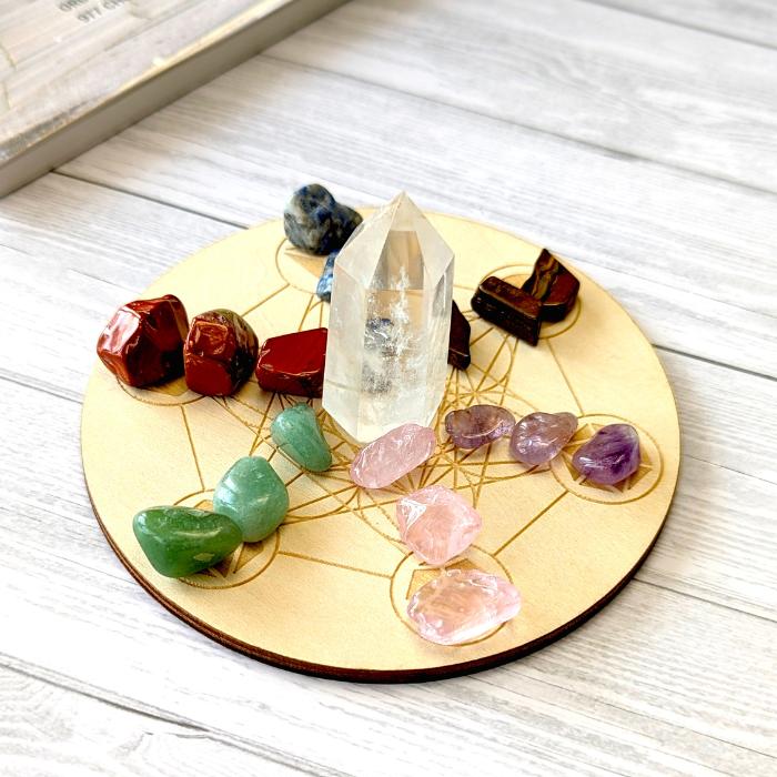 クリスタルグリッド 天然水晶と木製プレートセット 天然水晶柱 さざれ