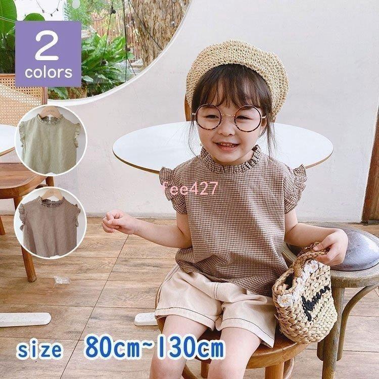 袖なしデザイントップス韓国子供服カジュアルキッズ女の子フリル春夏 シャツ ブラウス