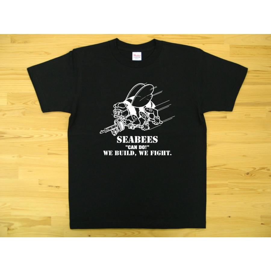 SEABEES 黒 5.6oz 半袖Tシャツ 白色プリント ミリタリー シービーズ