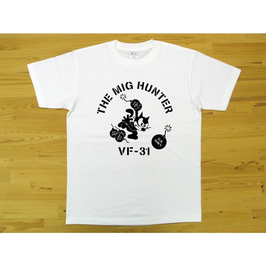 THE MIG HUNTER 白 5.6oz 半袖Tシャツ 黒色プリント ミリタリー トムキャット VFA-31 VF-31｜msp-apparel