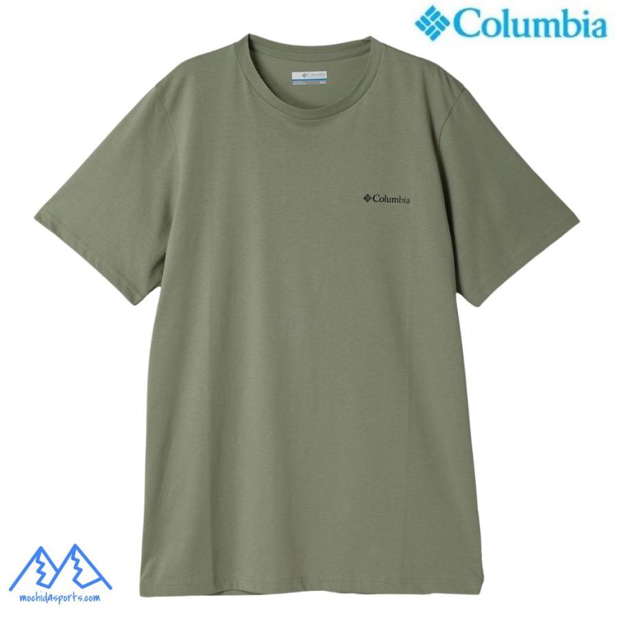 コロンビア Tシャツ ラピッドリッジ バック グラフィック Tシャツ II グリーン Columbia Rapid Ridge Back Graphic Tee II Safari Button Badge AJ2960 348 | Columbia