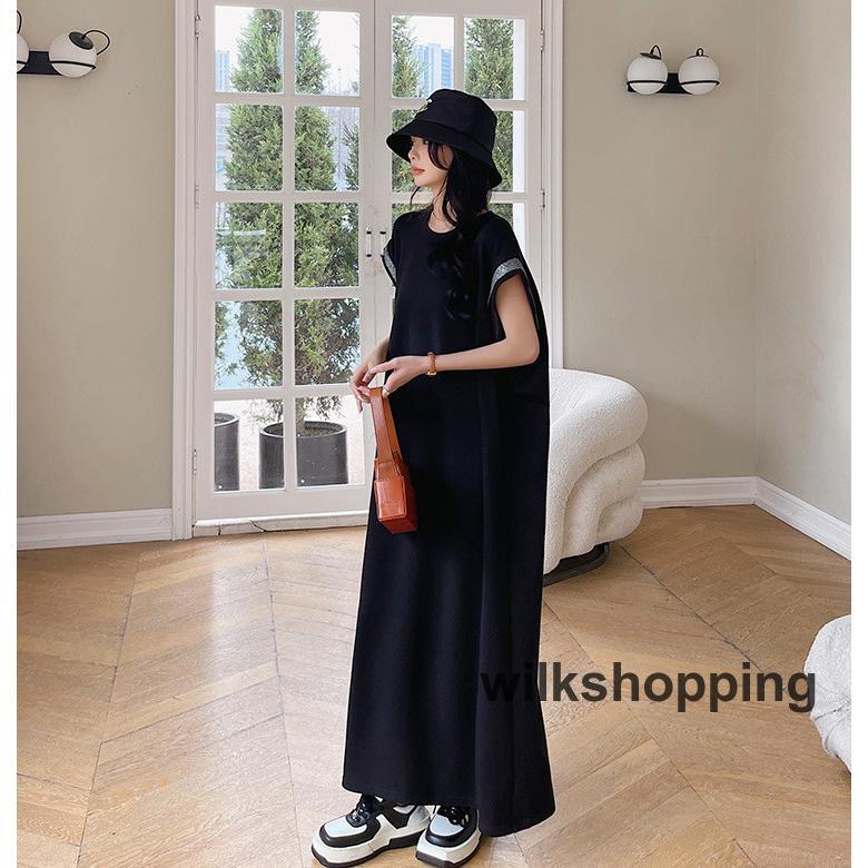 ロングワンピース ノースリーブ 半袖 ワンピース 楽チン クールネック