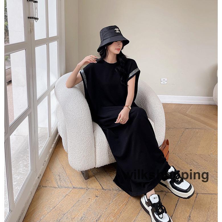 ロングワンピース ノースリーブ 半袖 ワンピース 楽チン クールネック