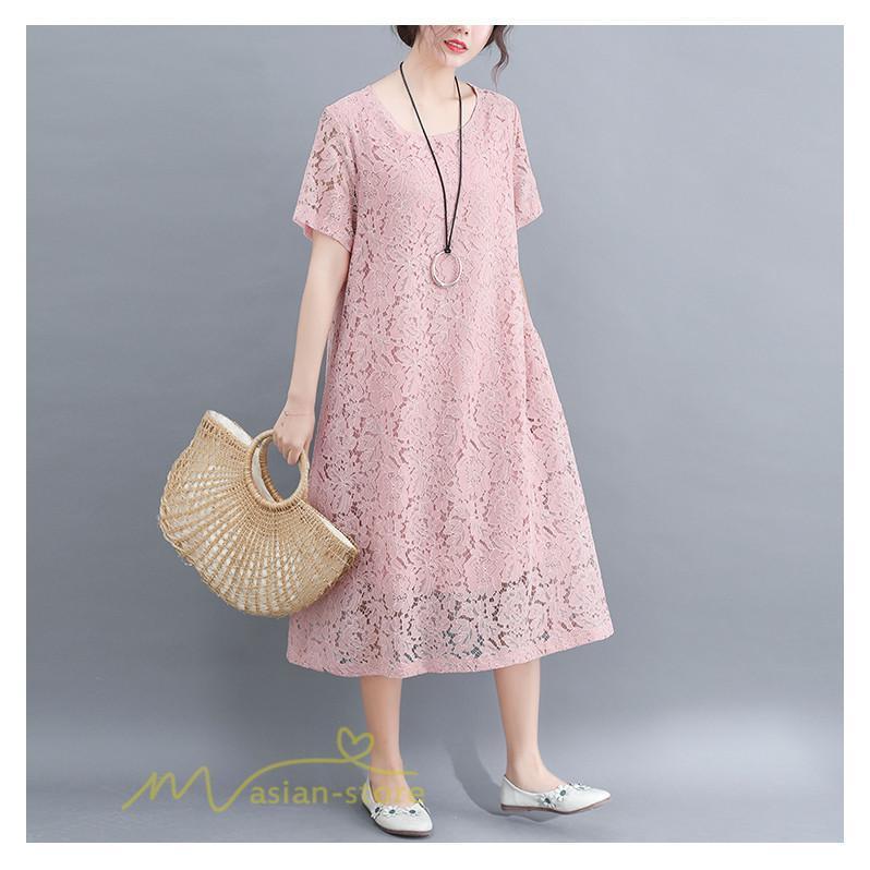 ワンピース 半袖 Aラインワンピース 夏服 レースワンピース 刺繍  ワンピ 30代40代 ドレス お呼ばれワンピース 50代60代 ママ |  | 05