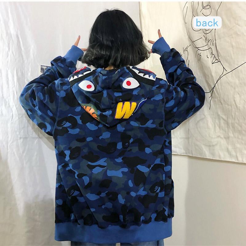 ジップアップパーカー レディース 長袖 迷彩柄 カモフラ?サメ柄 面白い