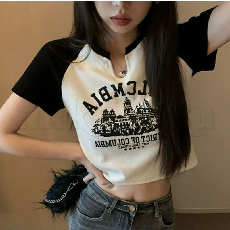 Tシャツ レディース 半袖 ショート丈 細身 英字プリント 女性用