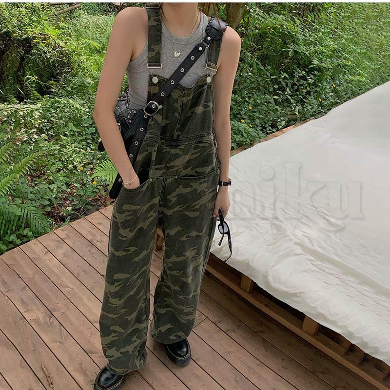 迷彩柄 ストラップ付きオーバーオール デニムサロペット レディース 迷彩柄 カモフラ オーバーオール