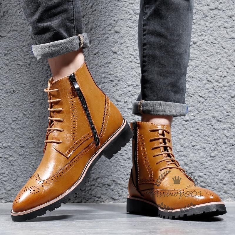 ブローグブーツ メンズシューズ マーティンブーツ イギリス風 サイドジップ トンガリ ショートブーツ 紳士靴 レースアップ カジュアル フェイクレザー 春秋冬 21年秋冬新作