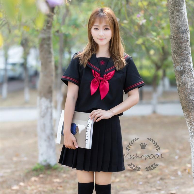 セーラー服 女子高校生 学生服 セットアップ 上下セット Jk制服 文化祭 学園祭 可愛い 蝶ネクタイ付き 正統派 関西襟 スカート 無地 ブラック 刺繍 スクール 独特な