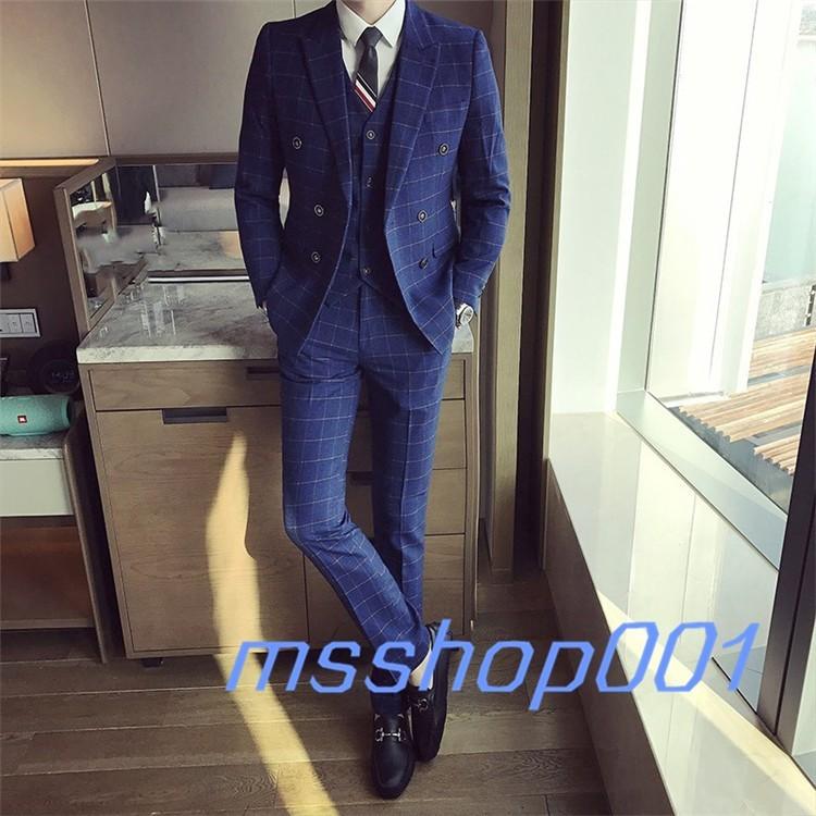 ビジネススーツ 3点セット スーツセット 紳士 ダブル チェック柄 スリム フォーマル リクルートスーツ 結婚式 細身 Yh0110 エムズショップ 通販 Yahoo ショッピング