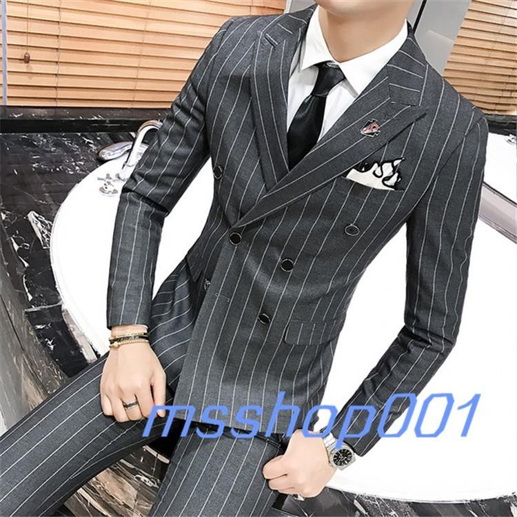 ビジネススーツ メンズ ダブルボタン スーツ スリーピーススーツ ストライプ 縦縞柄 スリム フォーマル 結婚式 二次会 出張 薄手 春 夏 秋 冬 Yh0349 エムズショップ 通販 Yahoo ショッピング