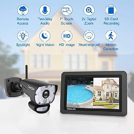 CasaCam VS1002 Wireless Security Camera System with Light Camera and 7quot; Monitor, Two-Way Audio, Free APP, SD Card and Battery Installed (720p HD Camer