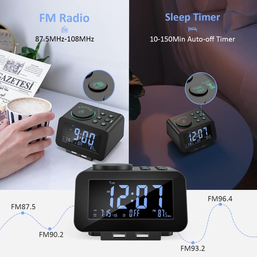 在庫あり送料無料 uscce Digital Dual Alarm Clock Radio - 0-100% Dimmer with Weekday/Weekend Mode， 6 Sounds Adjustable Volume， FM Radio w/Sleep Timer， Snooze， 2 USB Char