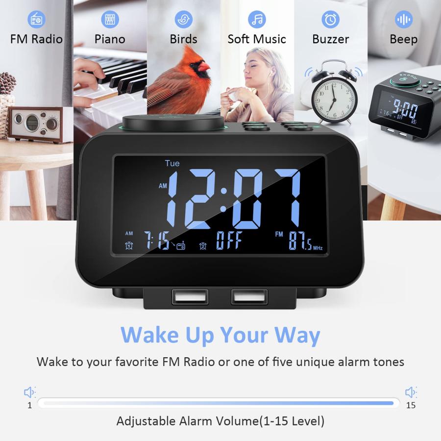 在庫あり送料無料 uscce Digital Dual Alarm Clock Radio - 0-100% Dimmer with Weekday/Weekend Mode， 6 Sounds Adjustable Volume， FM Radio w/Sleep Timer， Snooze， 2 USB Char