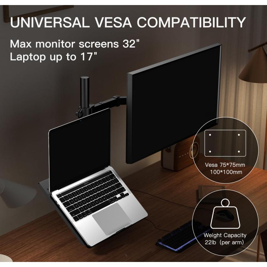 素敵な HY Bracket FORGING MOUNT ノートパソコンモニターマウントスタンド キーボードトレイ付き 調節可能なモニターアーム デスクマウント クランプ＆グロメットマウ