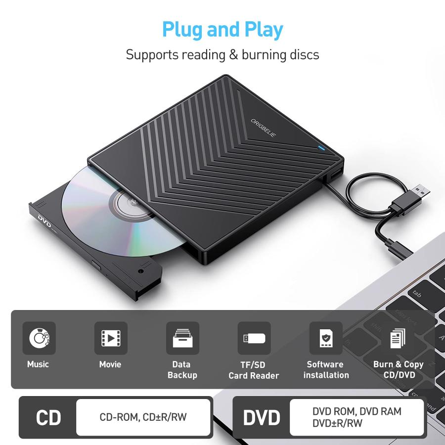 新品開封品 ORIGBELIE 外付けCD DVDドライブ 薄型CDレコーダーUSB 3.0 4つのUSBポートと2つのTF/SDカードスロット ノートパソコンMac PC Windows 11/1 /8/7 Linuxオペレーテ