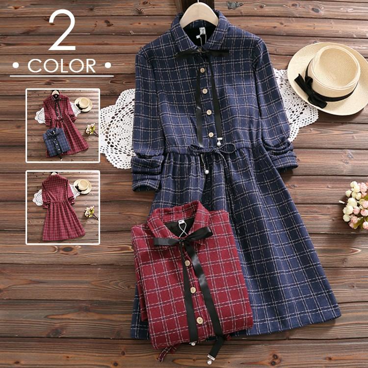 ワンピース レディース ワンピ 冬服 裏起毛 チェック リボン 長袖 暖かい 膝丈 厚手 Aライン Pf Mstar Yahoo 店 通販 Yahoo ショッピング