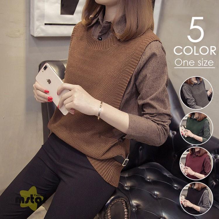 シャツ レディース トップス ニット フェイクレイヤード おしゃれ 長袖 無地 秋服 冬服 ニットソー カジュアル Pf Mstar Yahoo 店 通販 Yahoo ショッピング