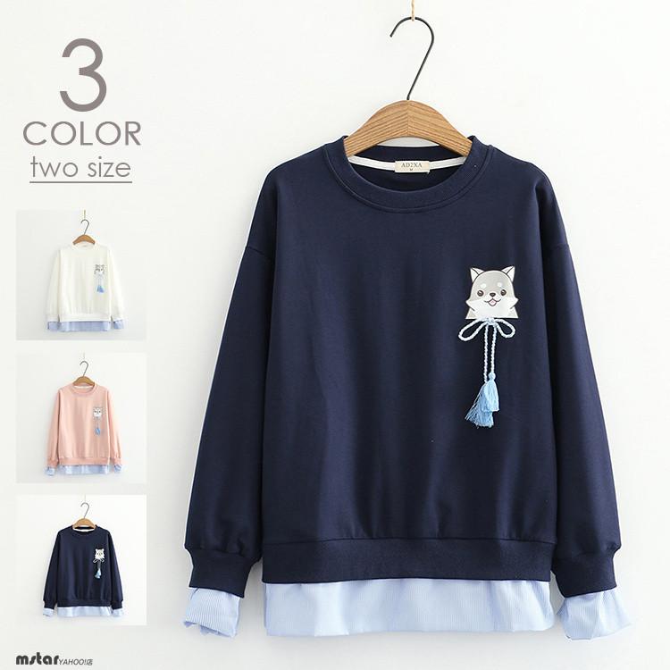 トレーナー レディース トップス フェイクレイヤード 犬柄 グルーネック タッセル 大きいめ かわいい カジュアル 秋服 今季ブランド