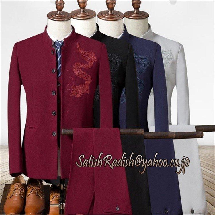 3ピーススーツ ビジネス メンズ 刺繍 チャイナ風 カジュアル 3点セットアップ 細身 紳士服 通勤 披露宴 忘年会 結婚式 ファッション ドラゴン