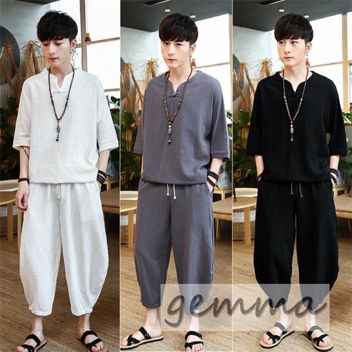 セットアップ メンズ 夏 リネン ジャージ 半袖 シャツ 上下セット スウェット 綿麻 部屋着 薄 男性 中国風 七分丈パンツ トップ