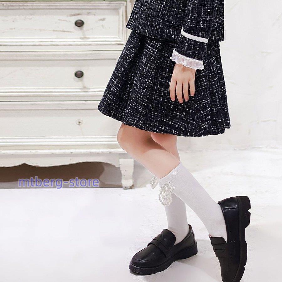 入学式 女の子 フォーマル 子供服 女 靴下 キッズ ミモレ丈 白 黒 リボン パール 入学