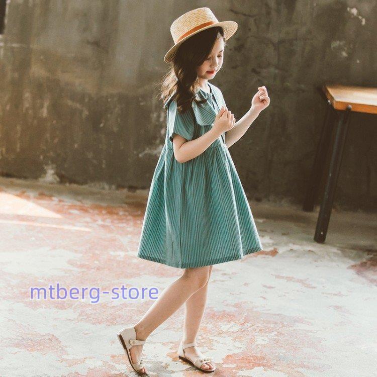 子供服 ワンピース キッズ 女の子 夏 膝丈 半袖 ストライプ柄 子供ドレス おしゃれ Dress 韓国子ども服 ジュニア服 カジュアル 女児 可愛い 普段着 通学着 即出荷