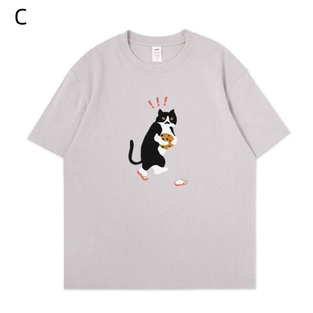 Tシャツ 半袖 メンズ レディース カープル お揃い 猫柄Tシャツ 夏  tシャツ ティーシャツ 夏服 ペアルック カットソー トップス クルーネック 黒 白｜mtberg-store｜03