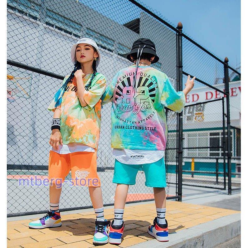 キッズ ダンス衣装 Ｔシャツ ヒップホップ 虹色 トップス ハーフパンツ 男の子 女の子 ストリートダンス ステージ衣装 子供 団体服 ゆったり 発表会｜mtberg-store｜03