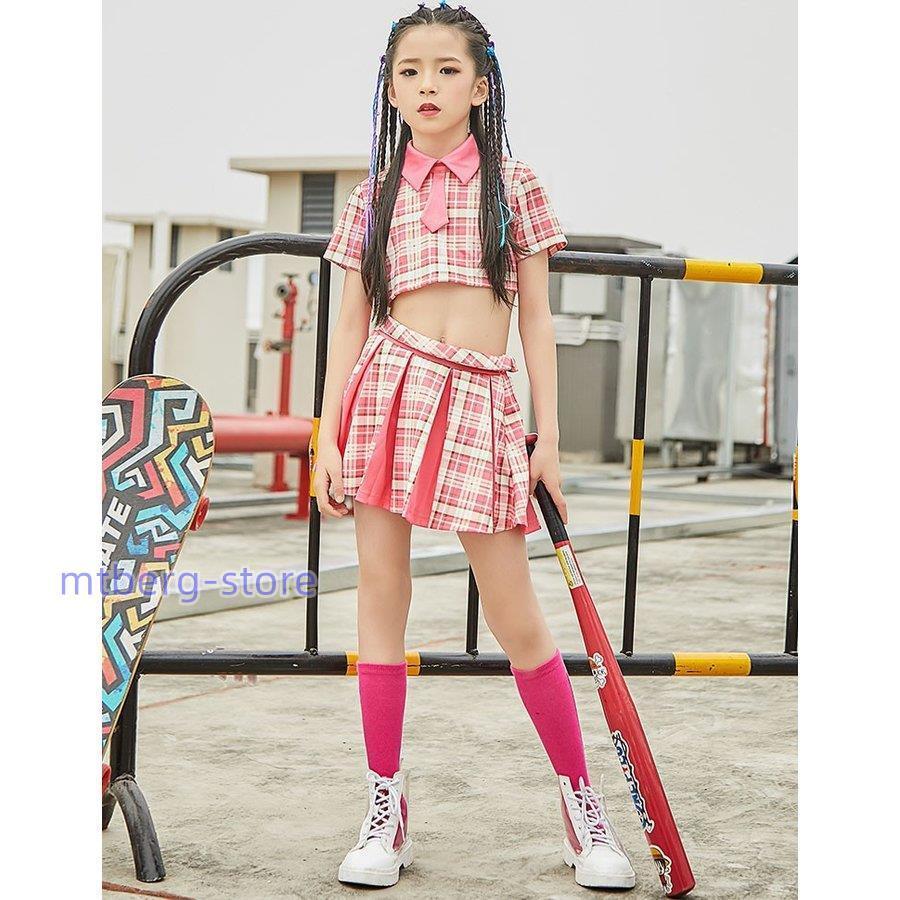 キッズ ダンス衣装 セットアップ ヒップホップ チェック柄 チアガール HIPHOP トップス スカート 女の子 長袖 子供 ステージ衣装 応援団 練習着｜mtberg-store｜02