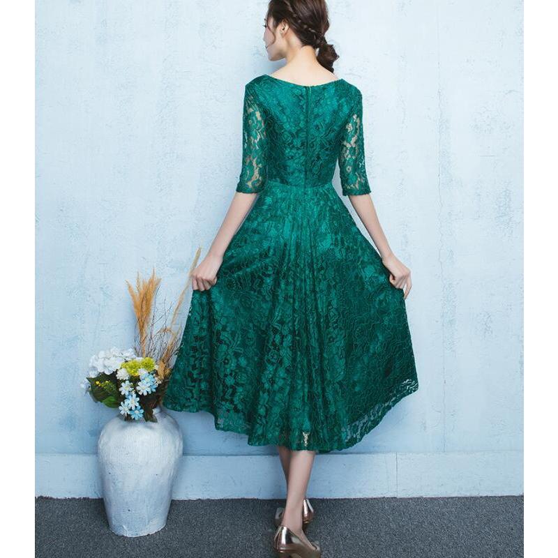 22新発 パーティードレス ワンピース 結婚式 グリーン ドレス ロング丈 謝恩会 発表会 演奏会 ミモレ丈 レース 七分袖 袖あり レディース 代 30代 40代 50代 Aynaelda Com