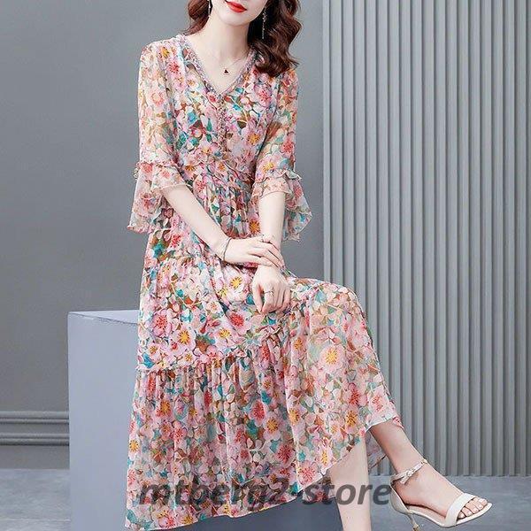 ワンピース レディース 40代 代 きれいめ 夏服 半袖 花柄ワンピース ロングワンピース Vネック Aライン 大きいサイズ おしゃれ 可愛い 着痩せ 上品 通勤 新品 独特の上品