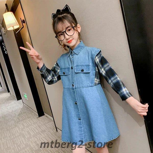 激安 韓国子供服 ワン 女児用 通学 普段着 ファッション チェック袖 長袖 ワンピース ガールズ キッズ カジュアル アンサンブル デニムワンピース 女の子 ワンピース ワンピース チュニック Size 150 Www We Job Com