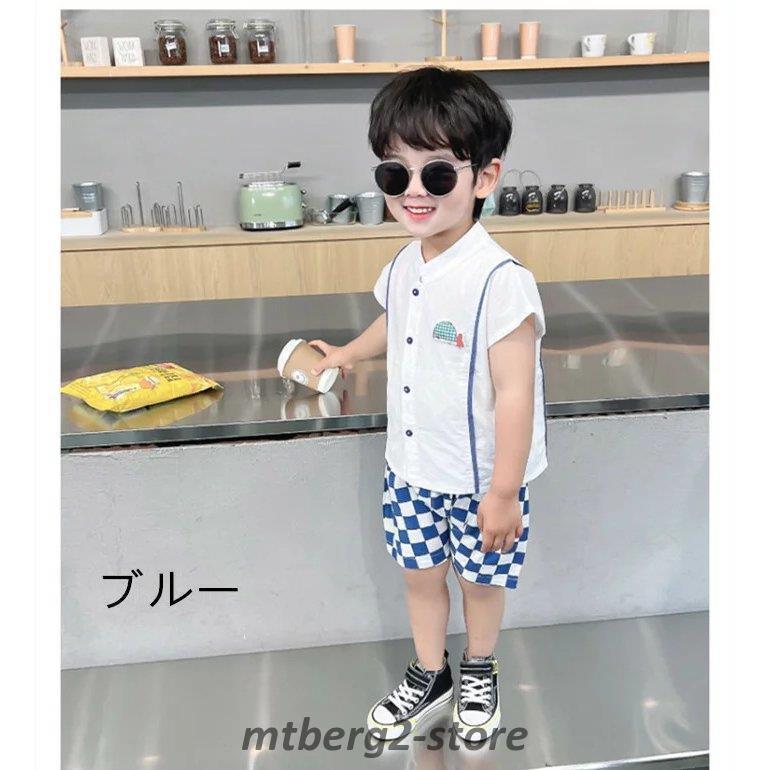 韓国子供服 セットアップ 2点セット おしゃれ かっこいい キッズ シャツ チェック柄ショートパンツ ボーイズ レジャー 上下セット 半袖 夏服 幼児 男の子 純綿 半額sale 男の子