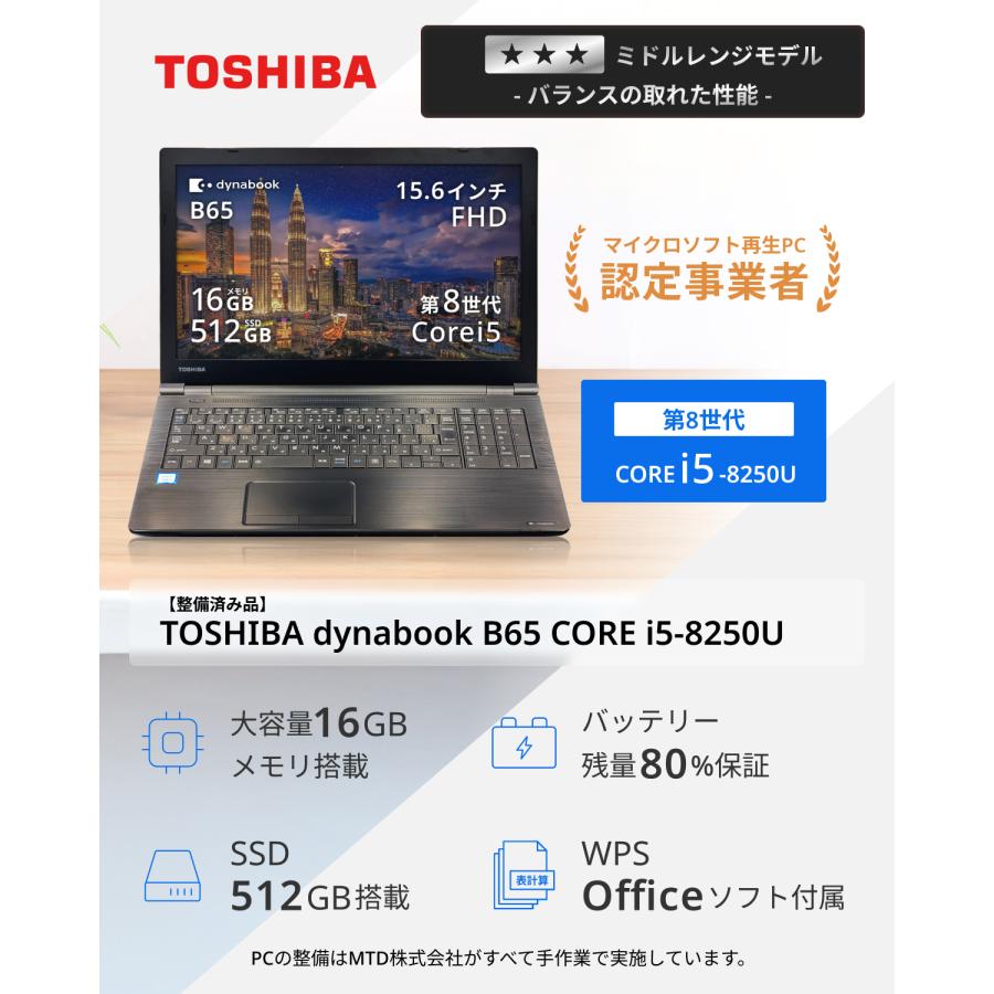 TOSHIBA dynabook B65 / 第8世代 Core i5 16GB SSD512GB Win11