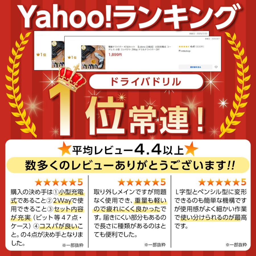 電動ドライバー 47点セット  【Lidora 正規店】 USB充電式 コードレス 小型 コンパクト 2Way ドリルドライバー DIY |  | 01