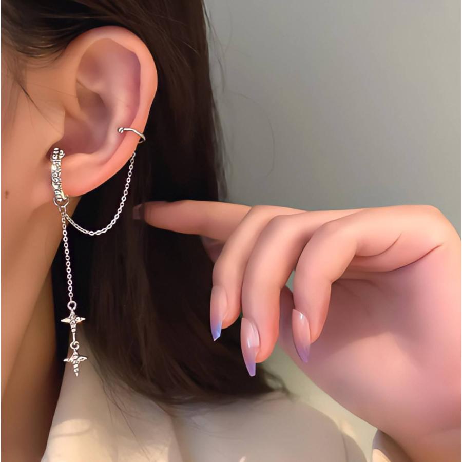 レディース イヤーカフ  シルバー 揺れる ぶら下がり ビジュー レディースアクセサリー シンプル 結婚式 お呼ばれ |  | 09