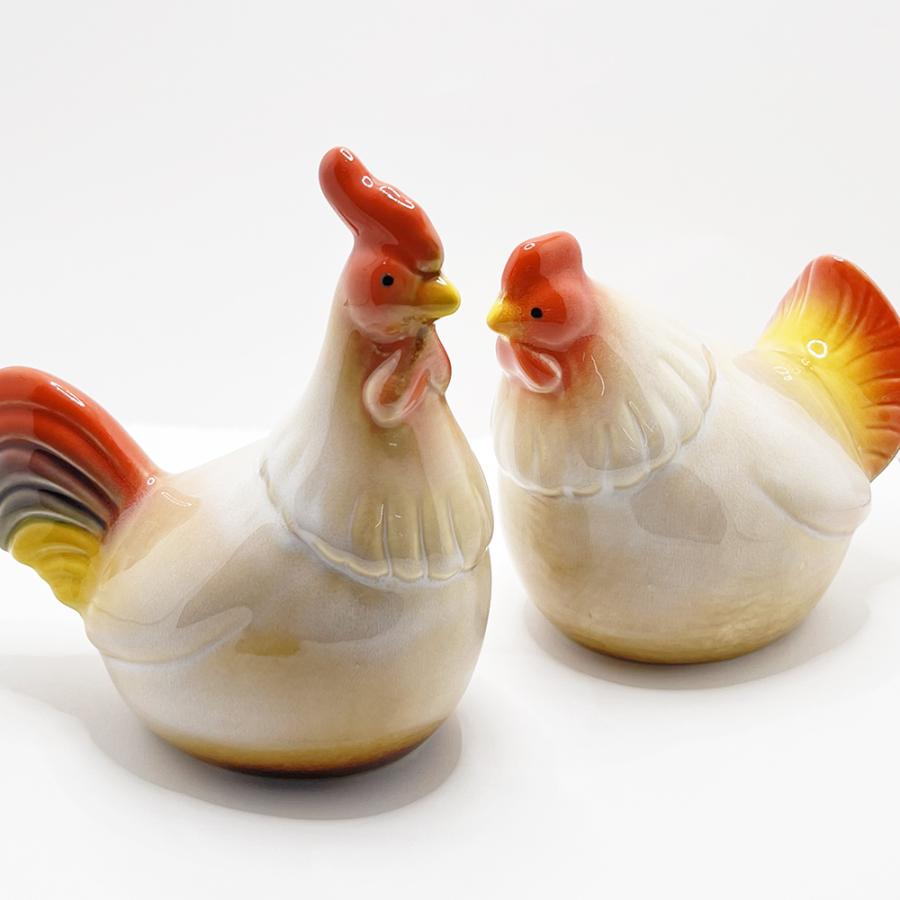 ニワトリ ペアセット 酉年 鳥 鶏 雄鶏 雌鶏 置き物 置物 オブジェ 陶器