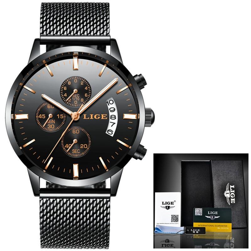 メンズウォッチ クォーツ式腕時計 防水 LIGE クロノグラフ ブラック 
