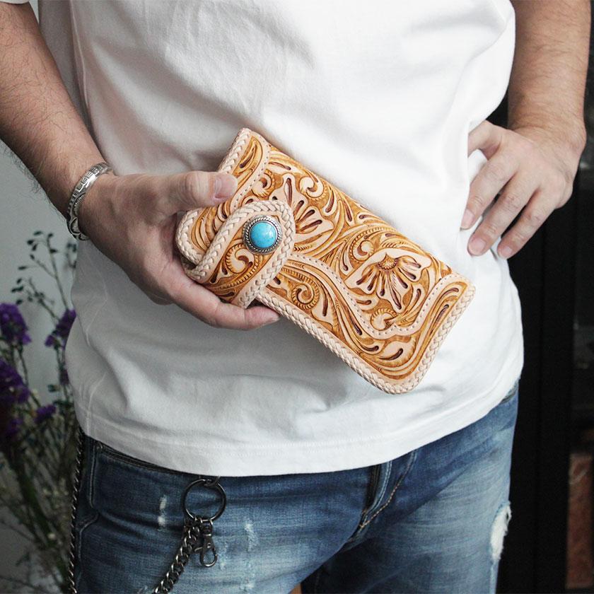 バイカーズウォレット 長財布 カービングウォレット 革財布 ライダースロング コンチョターコイズサークル |  | 01