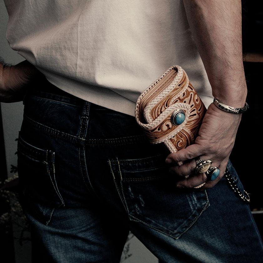 バイカーズウォレット 長財布 カービングウォレット 革財布 ライダースロング コンチョターコイズサークル |  | 08