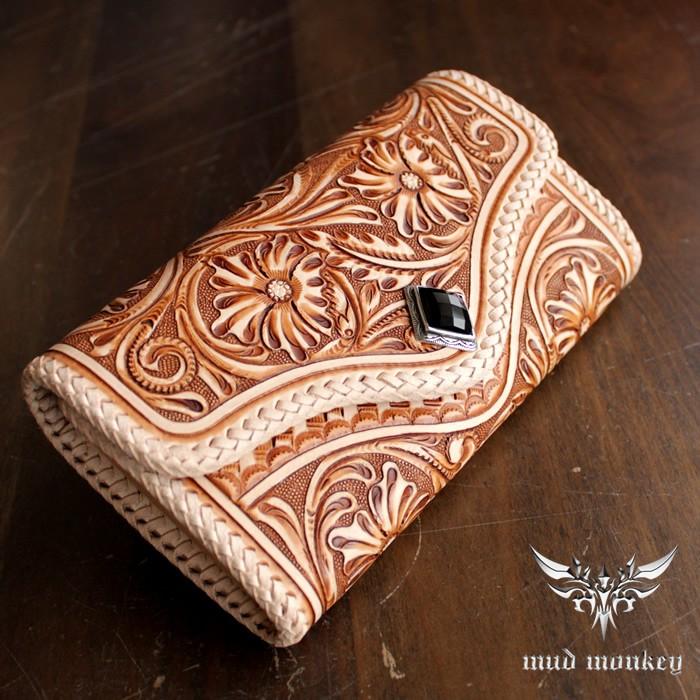 ウォレットバッグ/カービングウォレット/総手彫りフローラルジャバラ/ダイヤカットオニキスコンチョ | 