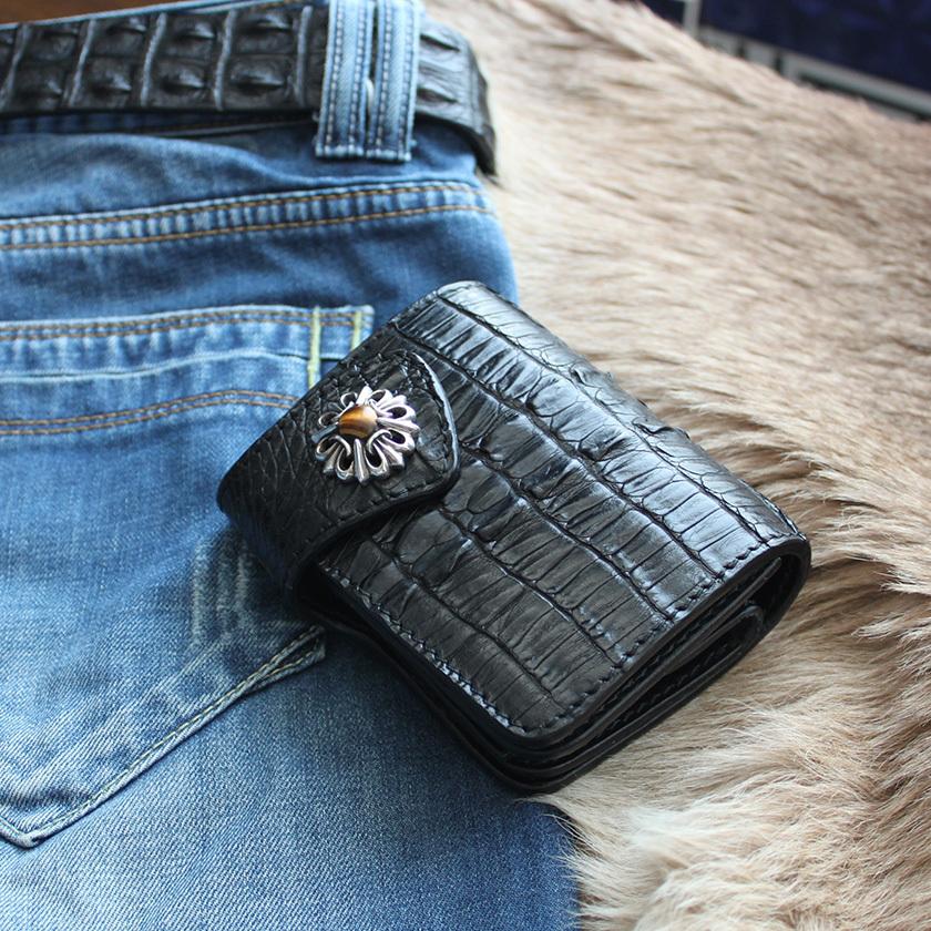 二つ折り財布 ワニ革カイマン背面ブラック ショートウォレット/コンチョユリタイガーアイ バイカーズウォレット |  | 01