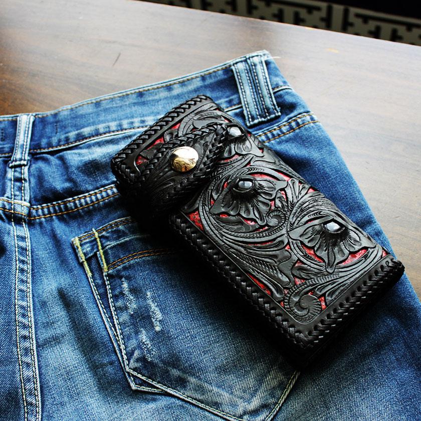 カービングウォレット 透かし彫り長財布 レザーロングウォレット