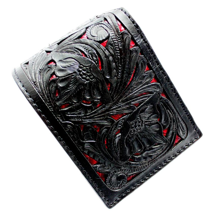 カービングショートウォレット/透かし彫り二つ折り財布/レッド