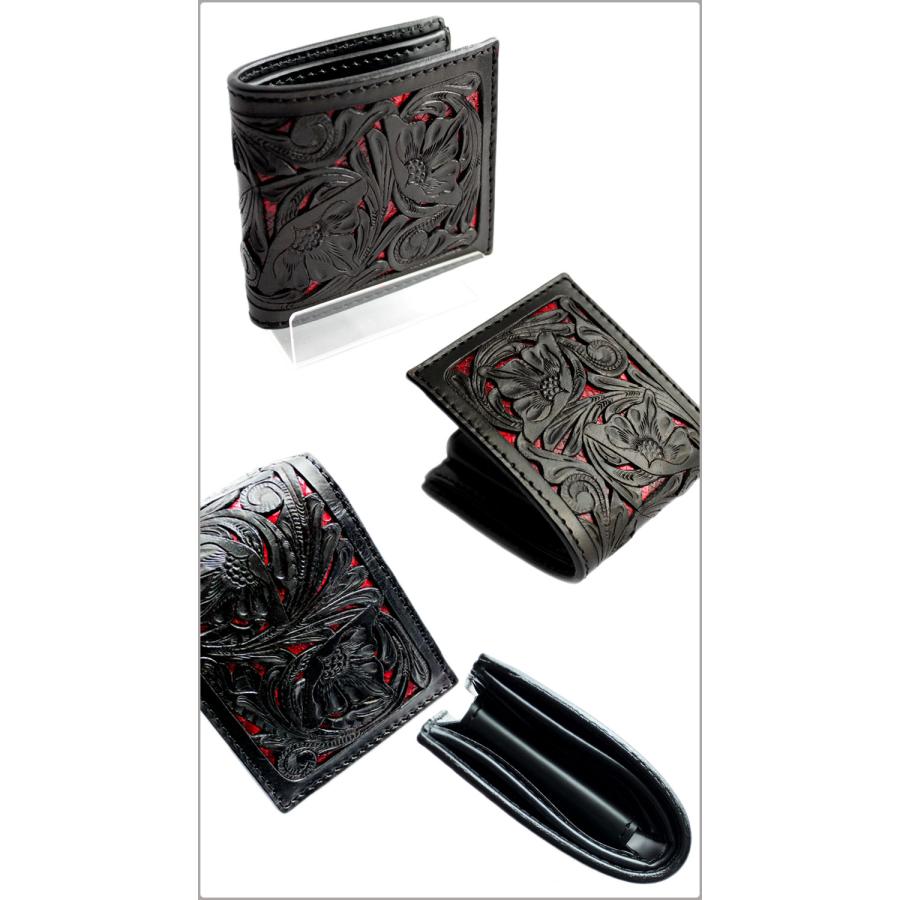 カービングショートウォレット/透かし彫り二つ折り財布/レッド