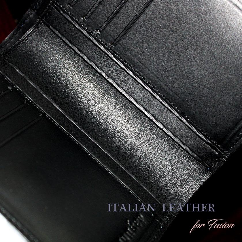 L字ファスナー二つ折りミドル財布 / クロコダイル財布 ネイビーブルー /イタリアンレザー ブラック FUSION |  | 09