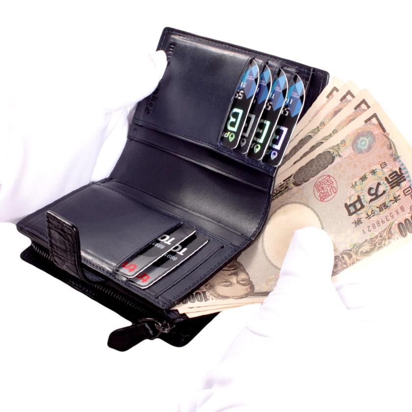 L字ファスナー二つ折りミドル財布 / クロコダイル財布 ブラック/イタリアンレザー ネイビー FUSION |  | 07